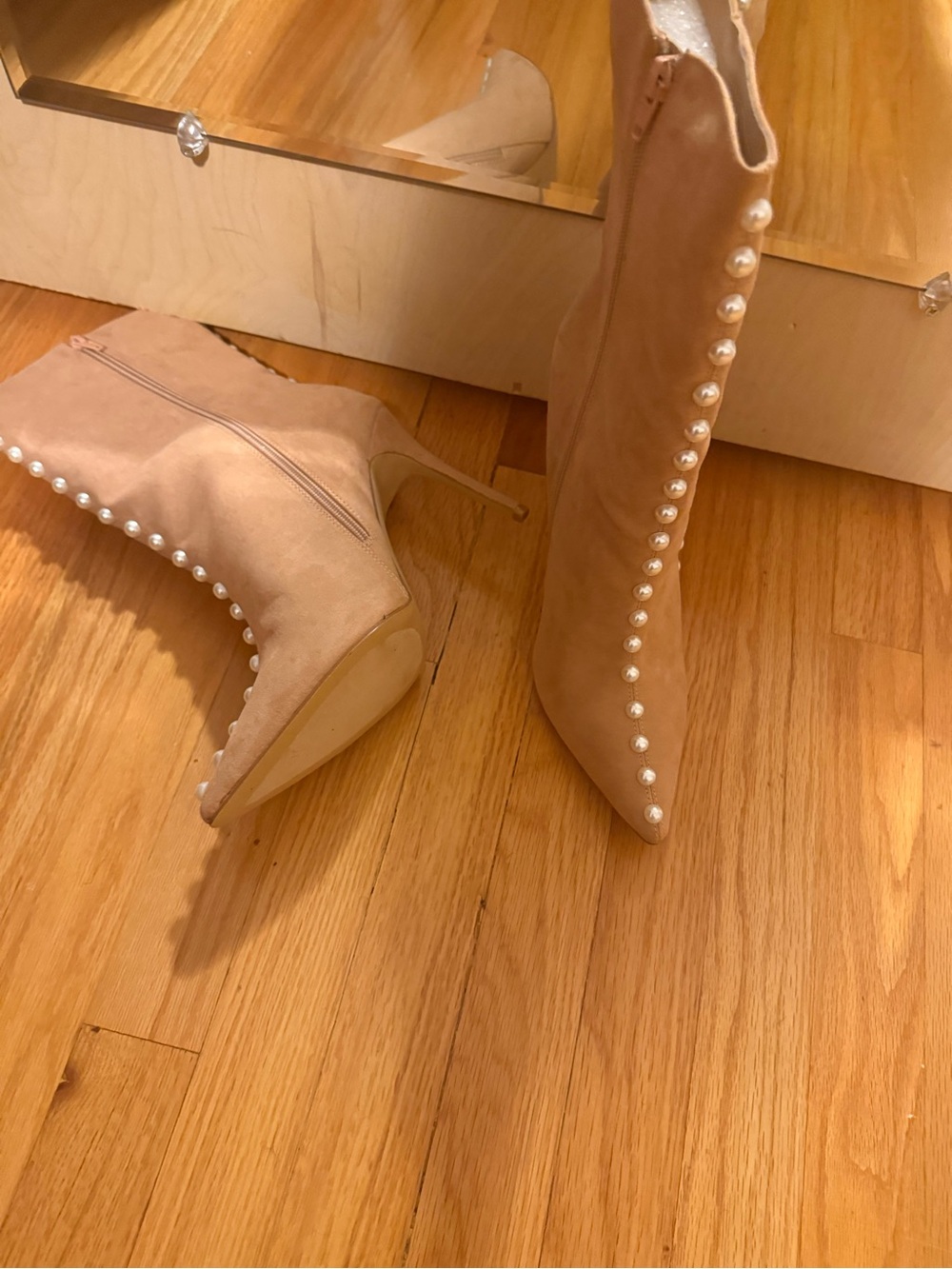 Pearl-Trim High Heel Booties in Nude